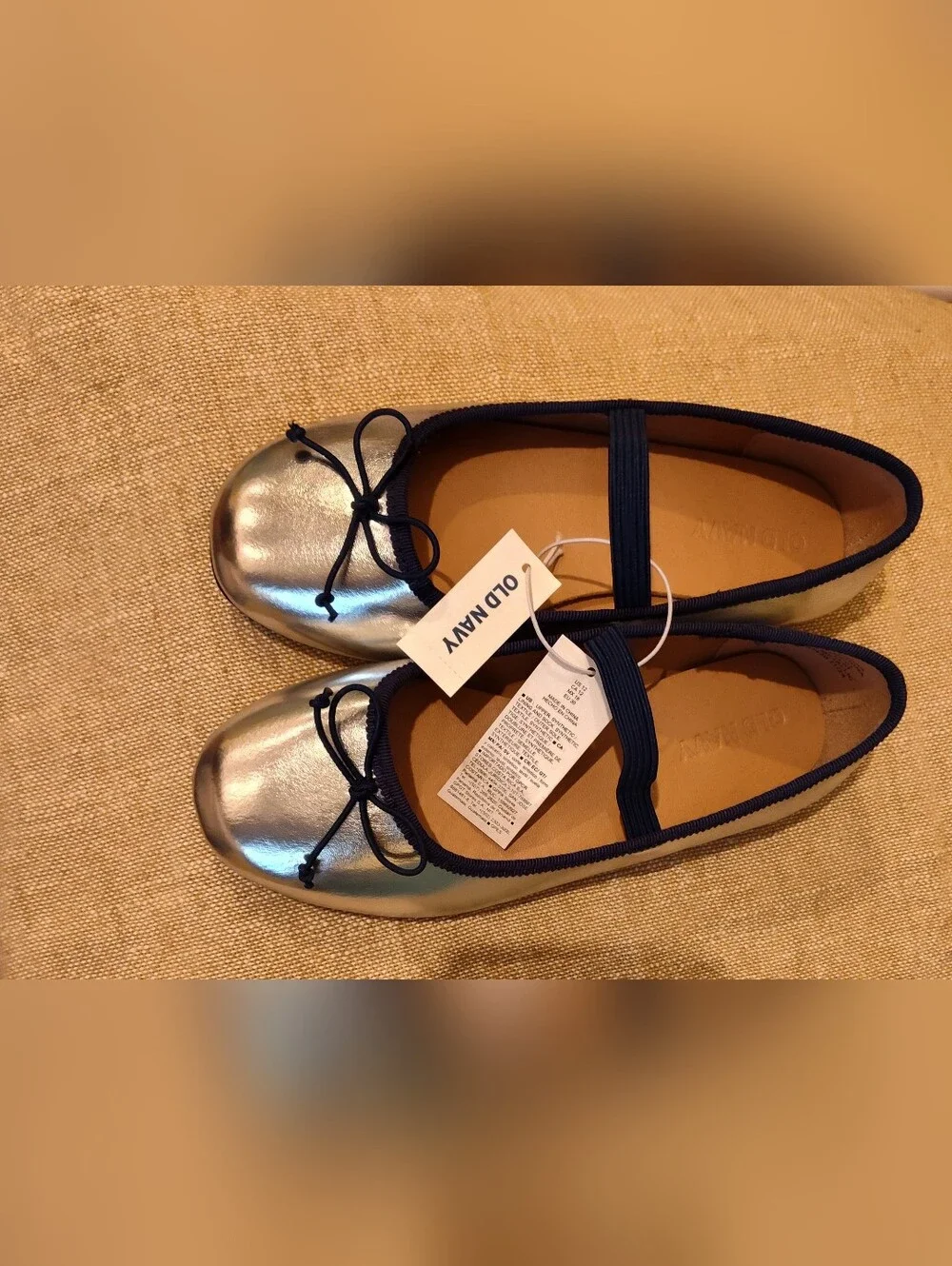 Silver Metallic Ballet Flats with Navy Trim